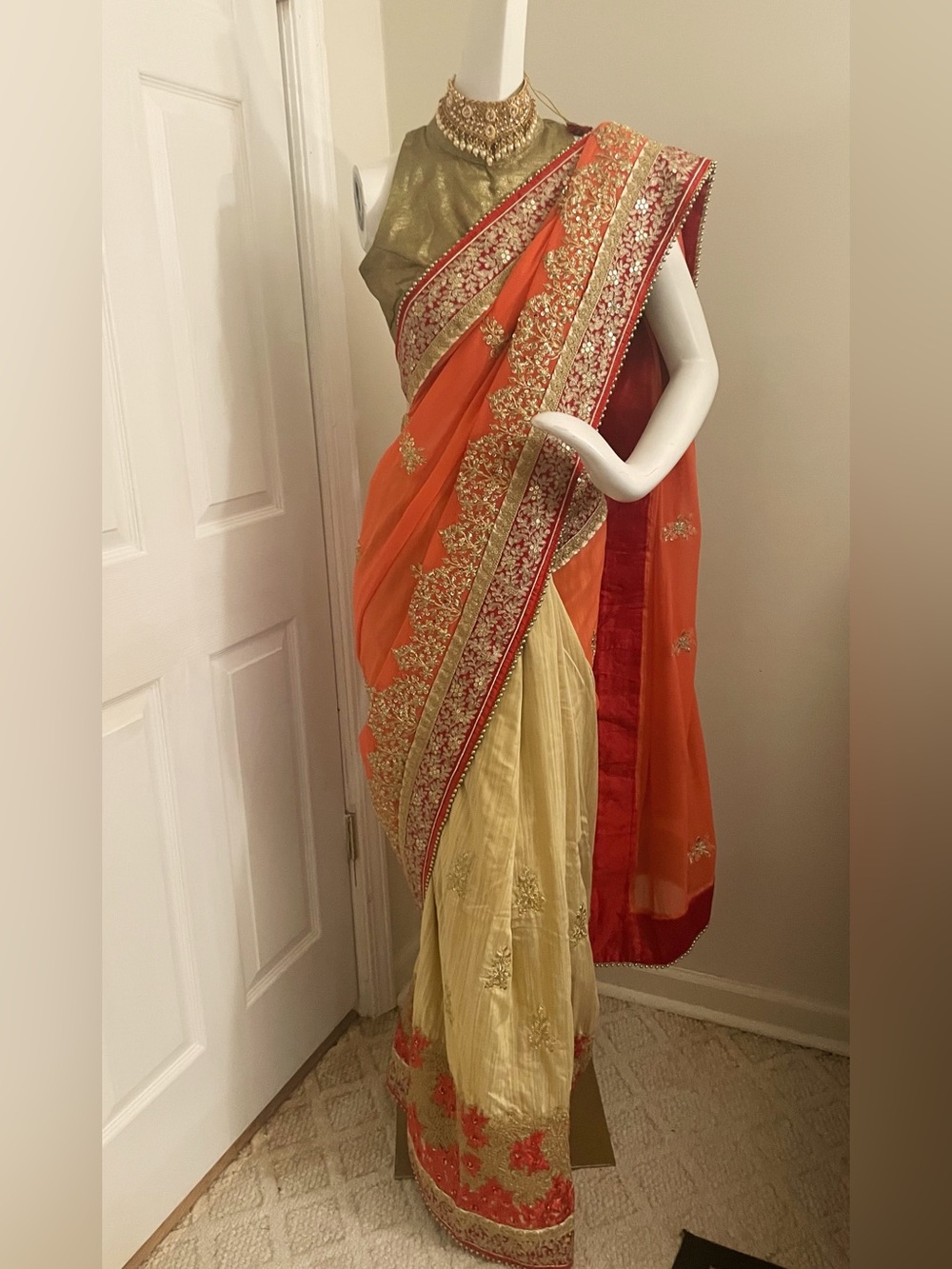 Embellished Orange and Cream Ethnic Skirt with Gold Blouse